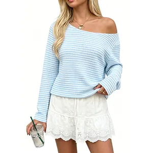 Women's light blue and white striped long sleeve top with pineapple grid texture