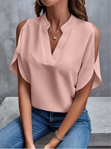Elegant pink V-neck chiffon blouse featuring stylish cold-shoulder cutouts for summer