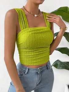 Fashionable lime green smocked sleeveless cropped top with square neck and wide straps