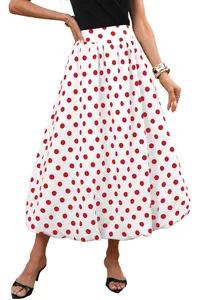 Elegante gonna midi bianca a pois rossi con un trendy orlo a palloncino svasato