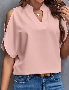 Detail view of a pink V-neck cold shoulder chiffon blouse with stylish loose sleeves