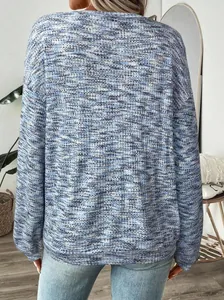 Back view of a blue and white colorful waffle knit loose long sleeve top for women