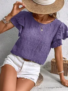 Casual purple textured blouse with double ruffle sleeves and a round neck for summer.