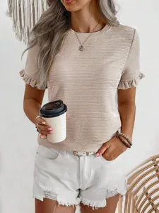 Women's beige crew neck T-shirt with ruffled sleeves and unique textured fabric detail