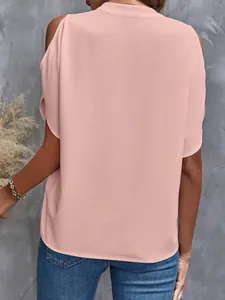Back view of a pink cold shoulder chiffon blouse featuring a relaxed loose fit for summer