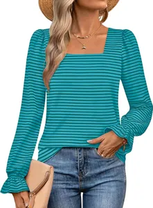 Detailed view of women's square neck striped long sleeve T-shirt with ruffle cuffs