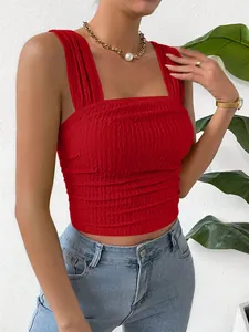 Detail of red sleeveless cropped tank top with shirred texture and square neckline