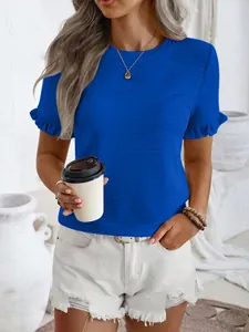Stylish blue women's round neck T-shirt with ruffle sleeves and textured fabric detail