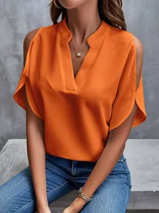 Detailed view of this stylish orange V-neck cold-shoulder chiffon blouse for a summer look