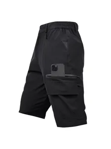Black men's cargo shorts with multiple pockets and elastic waist for outdoor activities.