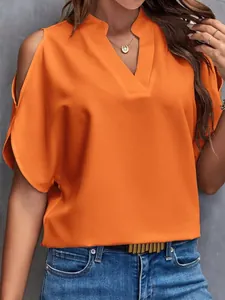 Detailed view of bright orange V-neck cold-shoulder chiffon blouse with casual fit