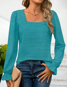 Square neck striped long sleeve T-shirt featuring feminine ruffle cuffs detail