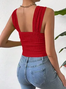 Back view of red smocked sleeveless crop top with square neckline design for summer fashion