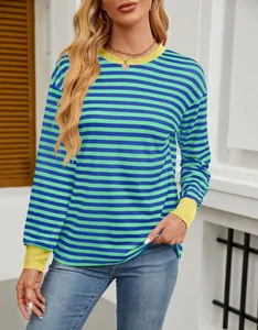 Full front view of a blue and green striped long-sleeve top with yellow contrast trim.