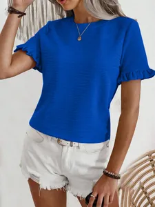 Blue round neck T-shirt with stylish ruffle sleeves and premium textured fabric
