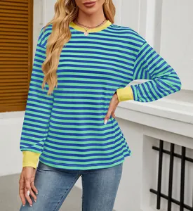 Detailed view of women's vibrant blue and green striped crewneck long sleeve top.
