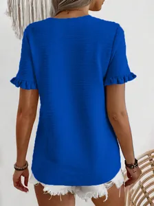 Back view of a blue textured short-sleeve T-shirt featuring stylish ruffle cuffs
