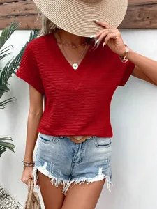 Schicke Damen-Bluse mit V-Ausschnitt, strukturierte Kurzarm-T-Shirt in lockerer Passform