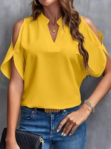 Close-up detail view of a bright yellow V-neck cold shoulder chiffon blouse for women