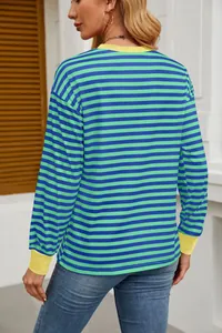 Back view of a loose blue and green striped long-sleeved top with yellow crew neck.