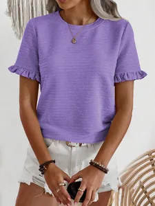 Detailed macro view of purple textured T-shirt featuring elegant ruffle sleeve design.