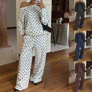 Women Casual Polka Dot Printed Top And Bottom Long Sleeve Off Shoulder Sweatshirt And Wide Leg Pants Lounge Outfit