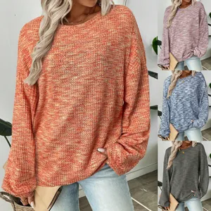 Fashion Colorful Waffle Knit Oversized Long Sleeve T-Shirt Casual Round Neck Drop Shoulder Spring Autumn Women Top Tee