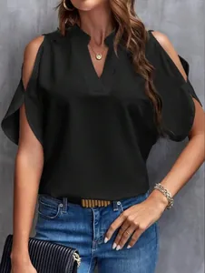 Detailed view of black V-neck cold shoulder chiffon blouse with loose fit design.