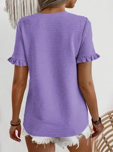 Rear view of purple textured t-shirt featuring elegant ruffle sleeves and round neck.