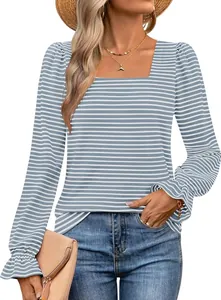 Fashionable blue and white striped square neck long sleeve top with ruffle cuff detail.