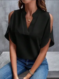 Close-up of black V-neck cold shoulder chiffon blouse showing fabric and cut details
