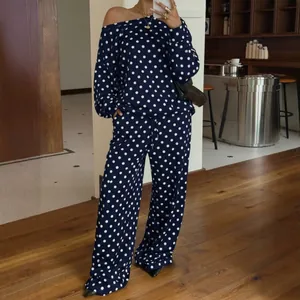 Elegant women's navy polka dot lounge set with off-shoulder top and wide leg pants