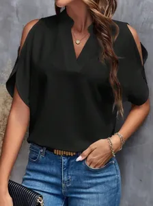 Summer black V-neck chiffon blouse with cold shoulder design and loose fit for women.