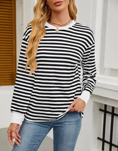 Close-up of black and white striped long sleeve top with white contrast cuffs
