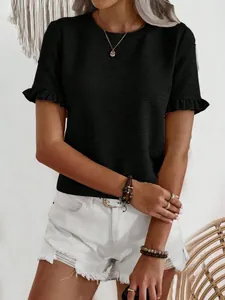 Detailed shot of black textured T-shirt featuring elegant ruffle sleeves and round neckline