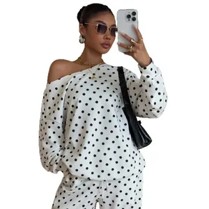 Stylish white polka dot loungewear set with slanted collar and long sleeves