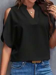 Detail of V-neck and cold shoulder design on black chiffon blouse for women