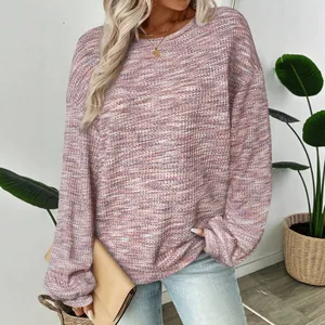 Fashionable oversized space-dye waffle knit long sleeve T-shirt for women in pink color
