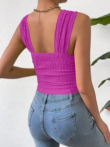Back view of magenta smocked sleeveless square neck crop top for women
