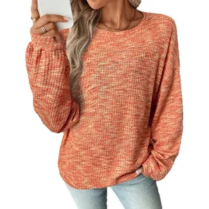 Casual autumn fashion colorful mottled waffle knit loose long sleeve t-shirt for women