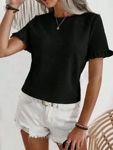 Detail of a black round neck T-shirt featuring stylish ruffle sleeves and a textured finish.