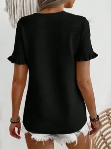 Detailed back view of a stylish black round neck T-shirt with ruffle sleeves for women