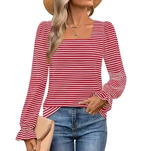 Close-up view of a women's red and white striped square neck T-shirt with ruffle cuffs