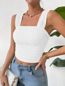 Fashionable white sleeveless smocked crop top with square neckline and wide straps
