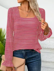 Elegant red and white striped square neck top featuring stylish ruffle cuffs and long sleeves