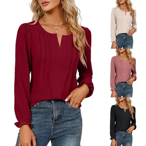 Dames V-hals Lange Mouw Chiffon Blouse Pintuck Effen Kleur Regulier Fit Top Casual Ruches Manchetten Polyester Blouse