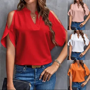 Women Casual V-Neck Cold Shoulder Chiffon Blouse Loose Polyester Solid Color Half Sleeve Top Breathable Summer Clothing