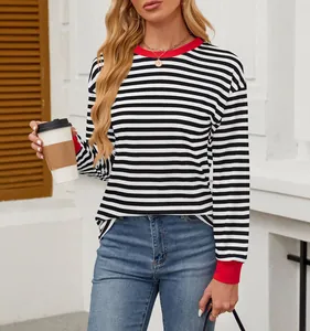 Close-up detail of striped long sleeve top with red color block cuffs and collar.