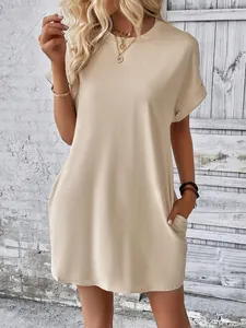 Abito beige casual girocollo a maniche corte per donna con pratiche tasche laterali