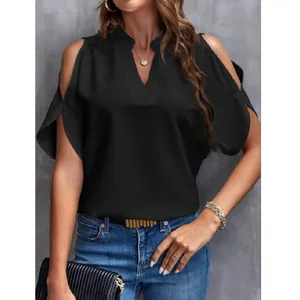 Stylish black V-neck cold shoulder chiffon blouse for women, summer casual style.